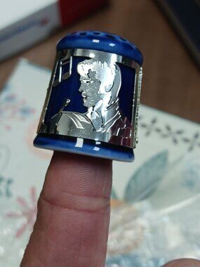 Porcelain Blue Elvis Presley Thimble With Silver Metal Cut Out